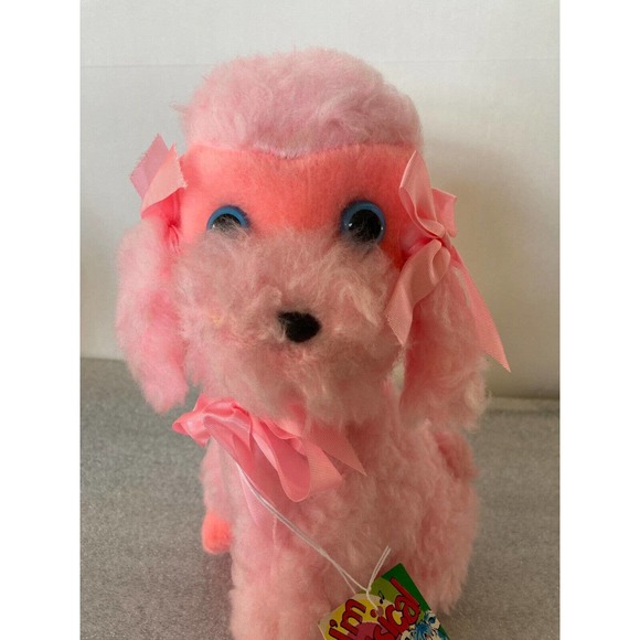 Vintage Gerber Atlanta Stuffed Animal Plush Wind up Musical Pink Dog Works w Tag - Picture 2 of 7